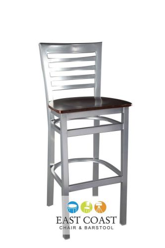 New gladiator silver full ladder back restaurant bar stool w/ walnut wood seat for sale