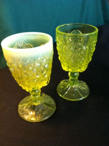 Pair of Vaseline Opalescent Glass Tumblers Cups Goblets Uranium Pineapple Yellow
