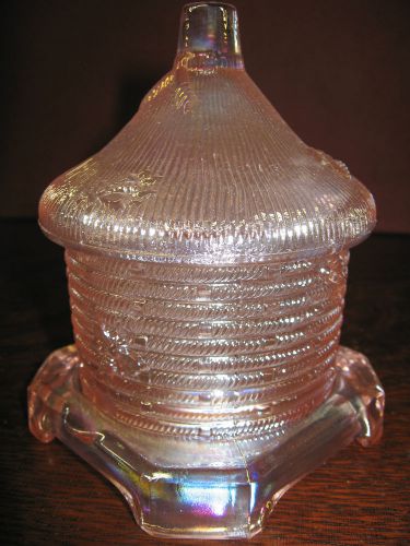 Pink rose carnival glass serving honey pot / bee hive pattern jar dish boyd bowl