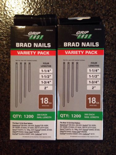 2 Variety Packs Grip Fast 18 Gauge Brad Nails. 600 Ea: 1 1/4&#034;-1 1/2&#034;-1 3/4&#034;-2&#034;
