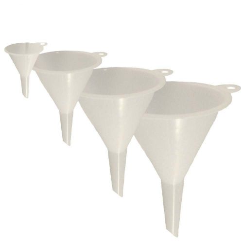 Set of 4 general purpose plastic funnels. assorted sizes nested funnel set for sale