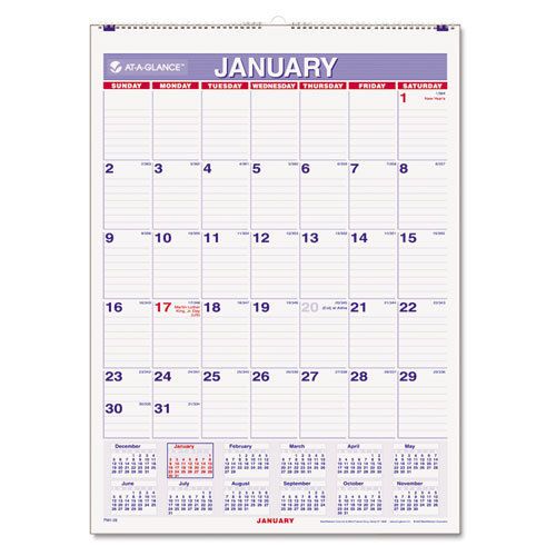 At-a-glance recycled monthly wall calendar, blue and red, 8&#034; x 11&#034;, 2012 for sale