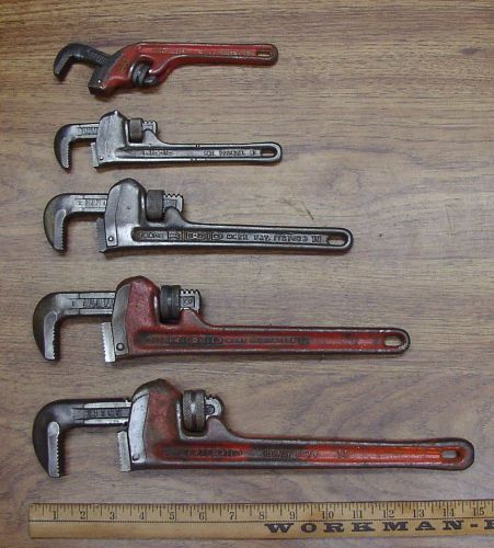 Old Used Tools,Lot of  5 Ridgid  Pipe Wrenches,14&#034;,12&#034;,10&#034;,8&#034; &amp; E-8 Offset E-8