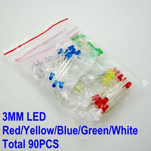 90PCS 9Values 3mm LED Red/Yellow/Blue/Green/White Assortment Kit Set