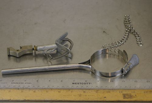 (qty 2) misc chain &amp; spring flask or beaker clamps GOOD