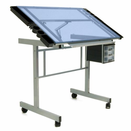 #1 Art Studio Drafting Table Desk Silver Blue Glass Office Station Craft Vision
