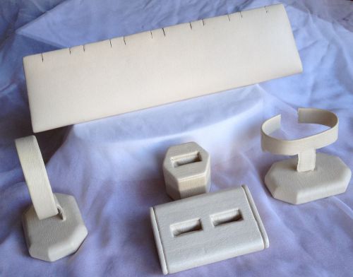 LOT 5 Leather IVORY: 2 Bracelet Stands, 2 Block Rings &amp; 1 Long Pendants Displays