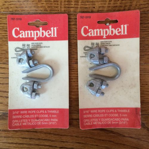 (2) Campbell 3/16&#034; Wire Rope Clips &amp; Thimble #767-5119 NOS