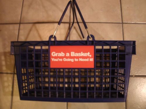 Set of 6 used shopping plastic baskets, blue, with rubber covered metal handles for sale