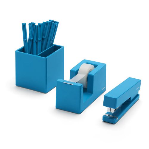 Poppin Pool Blue Desktop Accessory Set Tape, Post-it Tray, Pen Cup, Stapler