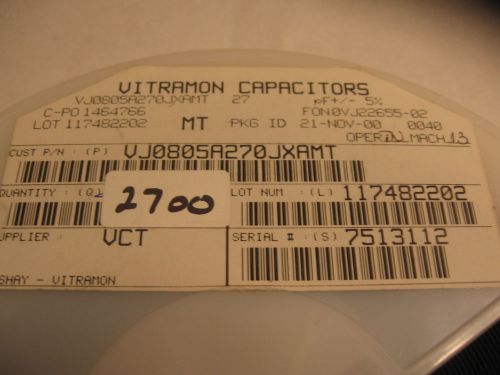 QTY: 2700 PC&#039;S P/N VJ0805A270JXAMT Capacitor Ceramic 27pf 50V 5±% C0G