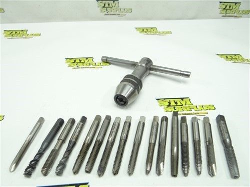 Lot of 16 hss hand taps 1/4&#034;-28 nf to 3/8&#034;-16 w/tap wrench craftman brubaker for sale