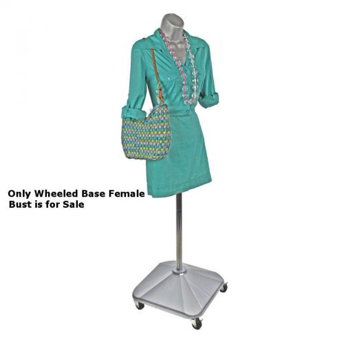 Retail silver plastic female bust on wheeled plastic base 16&#034;w x 5.5&#034;d x 22.75&#034;h for sale