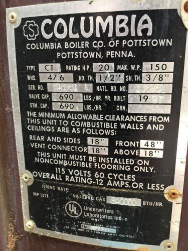 20 HP COLUMBIA STEAM BOILER +++ RECONDITIONED
