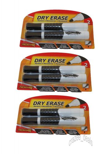 Lot of 6 (3 packs of 2) promarx black dry erase markers w/grip &amp; built-in eraser for sale