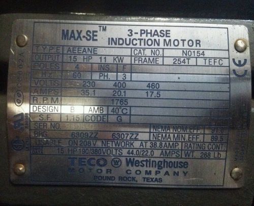 15 hp 3 phase induction ac motor 460 vac 254 t cont. duty teco westinghouse for sale