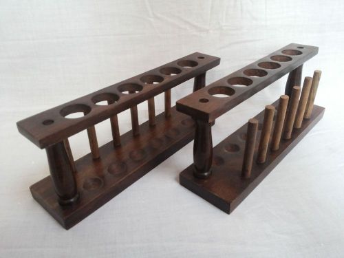 Test tube stand wooden 6 hole with drying rack vintage lab equipment set of 2 for sale