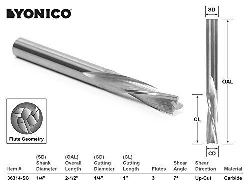 Yonico 36314-SC CNC Router Bit Low Helix Up Cut Long Reach with 1/4&#034; Shank, 1/4&#034;