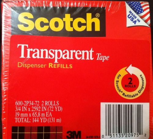 Scotch Transparent Tape 600. 3/4 x 2592 Inches 3 Inch Core.   2 Rolls. Free Ship