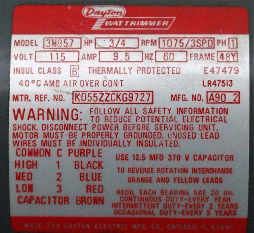 3/4HP, 115Volt, RPM:1075/3SPD  Direct Drive Blower Motor Dayton WAT TRIMMER