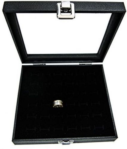 HUJI Glass Top Ring Display Showcase 36 Slot Velvet Insert Liner Jewelry Black
