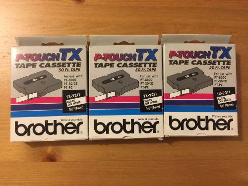 (3) Genuine OEM Brother TX-2211 Black on White 3/8&#034; 9mm Label Tape Cassette