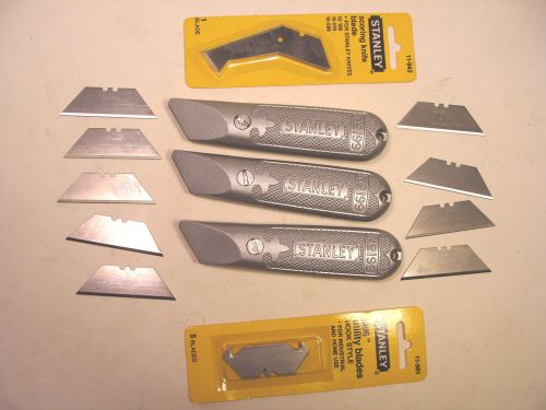 3 nos stanley usa heavy duty utility knife #199 w/xtra hook &amp; scoring blades for sale