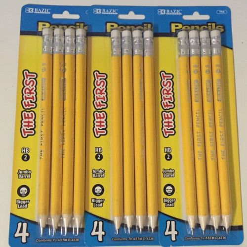 3 Packs BAZIC #2 The First Jumbo Premium Yellow Pencil, Yellow, Free Shipping