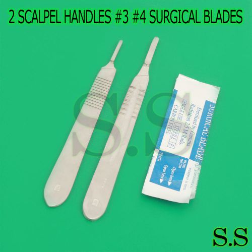 2 ASSORTED SCALPEL KNIFE HANDLES #3 #4 +50 SURGICAL CARBON STEEL BLADES #10 #20