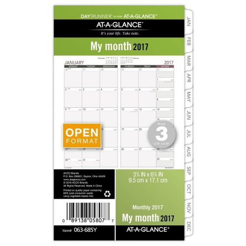 Day Runner Monthly Planner Refill 2017 Open Format 3-3/4 x 6-3/4&#034; Size 3 (063...