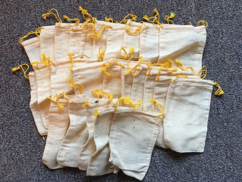 COTTON CLOTH BAGS (POUCHES), SET OF 25 WITH SEWN IN DRAW STRING...approx.3&#034; X 5&#034;