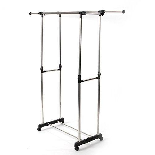 Clothes Hanging Double Rail Garment Rack Organizer Stretching Shoes Shelf Steel