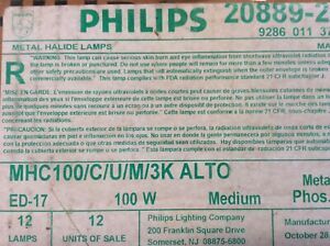 Qty. 12,  Philips 100 watt Ceramic Metal Halide Lamps. MAC100CUM3K Alto