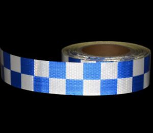 Blue &amp; White 50mm Chequered Reflective Conspicuity Safety Adhesive Tape 1-20m