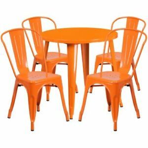 30&#039;&#039; Round Orange Metal Indoor-Outdoor Table Set with 4 Cafe Chairs