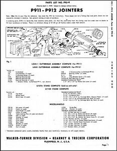 WALKER TURNER JOINTER No. P93-R for P-911 &amp; P912 Parts Manual