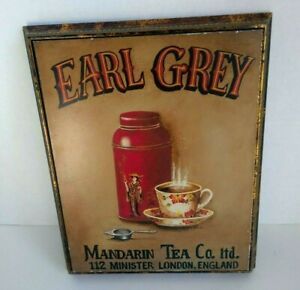 Vintage Tea Sign Earl Grey Mandarin Tea Co. English Breakfast Print on Board