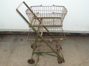 Vintage 1930s Folding Grocery Cart w/ Baskets Antique Industrial Shopping Cart