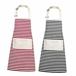 Pack Poly-Cotton Canvas Aprons for 2 Red White Stripe &amp; Black White Stripe