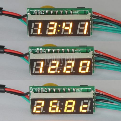 Digital 24h Clock Thermometer DC 12V Voltmeter 0.28&#034; Yellow LED Display