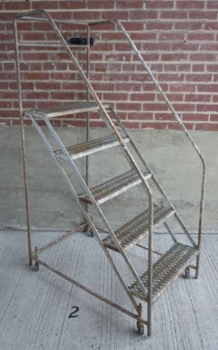 Vtg industrial metal rolling loft apartment ladder,5 steps, 47&#034;high platform(#2) for sale