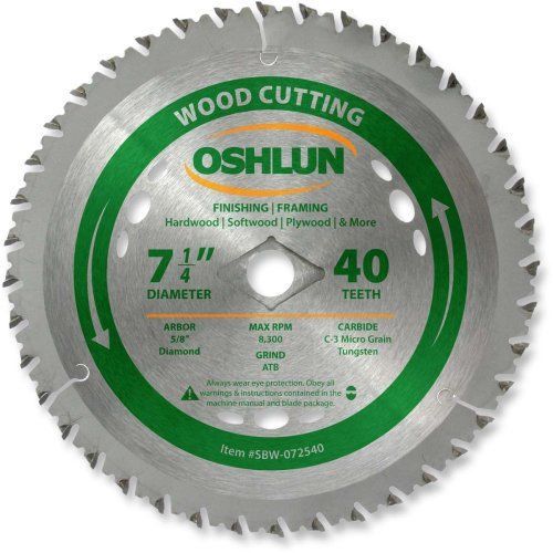 Oshlun SBW-072540 7-1/4-Inch 40 Tooth ATB Finishing and Framing Saw Blade with 5