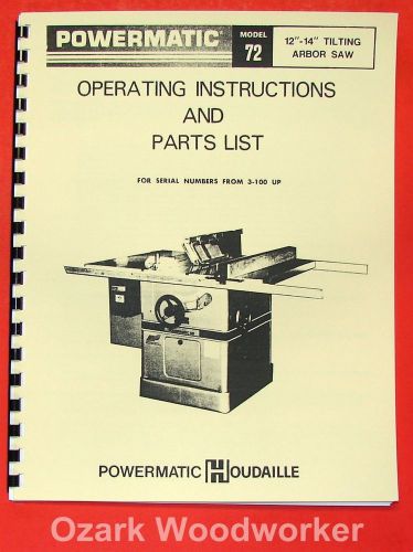 Powermatic 72 arbor table saw operator parts manual 0534 for sale