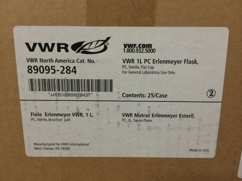 Box of 16 NEW VWR 1L PC Erlenmeyer Flasks, PC, Sterile, Flat Cap 89095-284