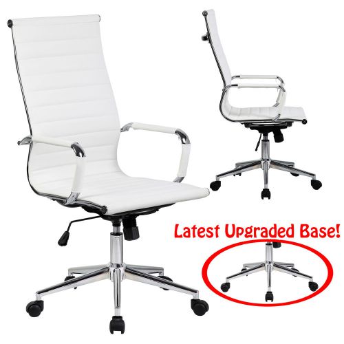 NEW Tall Executive White PU Leather Ribbed Office Desk Chair High Back Modern