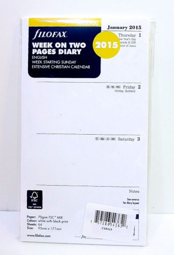 Filofax 2015 Week on Two 2 page ENGLISH Diary Calendar Refill PERSONAL Size NEW