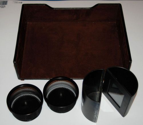 Black leather paper tray - photo holding pen can - 2 black caddies - 4 piece set for sale