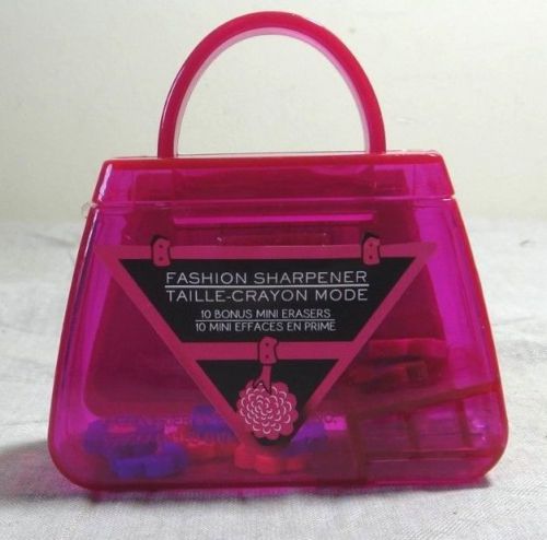 Girls Chick Pink Purse Glittery Pencil Sharpener with Mini Erasers NEW