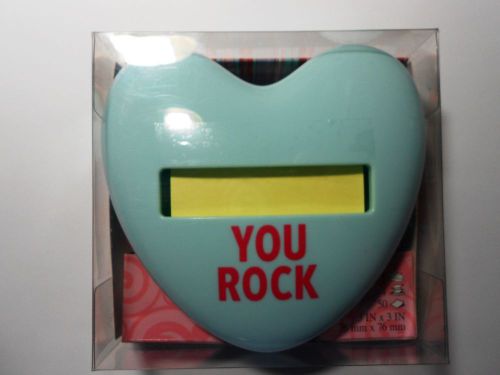 Post-it Pastel Green HEART YOU ROCK Pop-up Note Dispenser w/ 3&#034;x3&#034; Notes- New