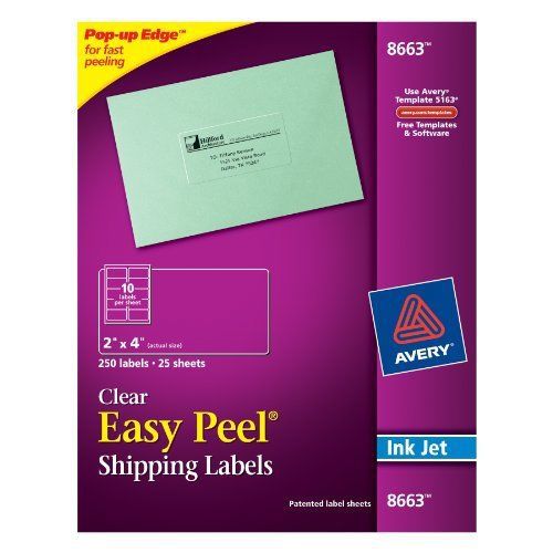 Avery 8663 Ink jet clear address labels, 2 x 4, 250 per pack New